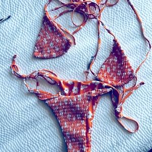 ZAFUL Ditsy Print Smocked String Bikini Swimwear - Orange S